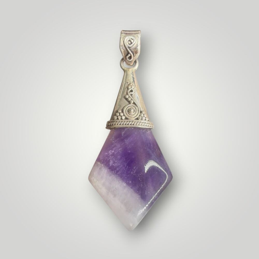 Vintage Sterling Silver 925 Amethyst Quartz Pendant Boho Artisan Purple Stone - Picture 1 of 9